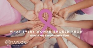 Pink ribbon awareness image showing women in pink pointing toward the center, symbolizing unity and early detection of lymphedema after breast cancer treatment. Text overlay reads “What Every Woman Should Know About Early Lymphedema Signs.”