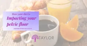 Coffee, orange juice and pastries with text about how diet impacts the pelvic floor